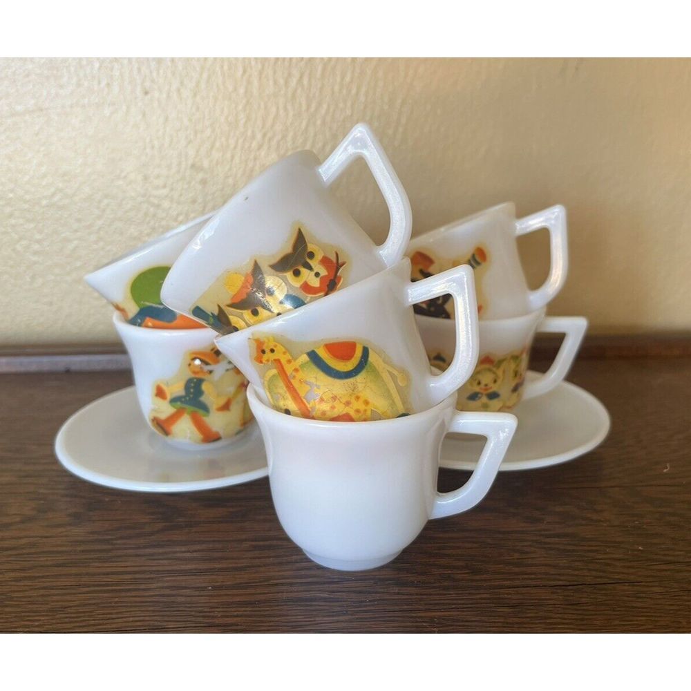 VTG Childs Milk‎ Glass Tea Set Mugs Cups Saucers Duck Owl Chicken Lot 9
